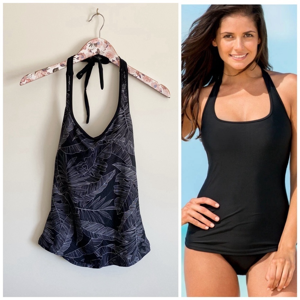 HAPARI Black & White Floral Leaf Sport Tankini Halter Tank Top Swimsuit Small